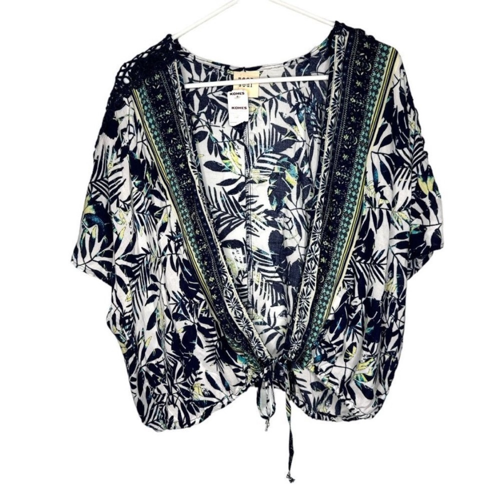 Tropical Summer Leaf Print Blouse with Tie